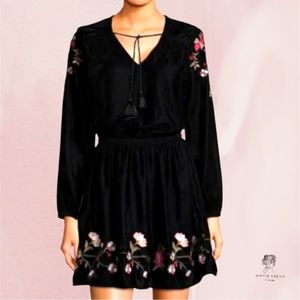 A.N.A Black Velvet Boho Floral Embroidered Mini Dress Size XXL